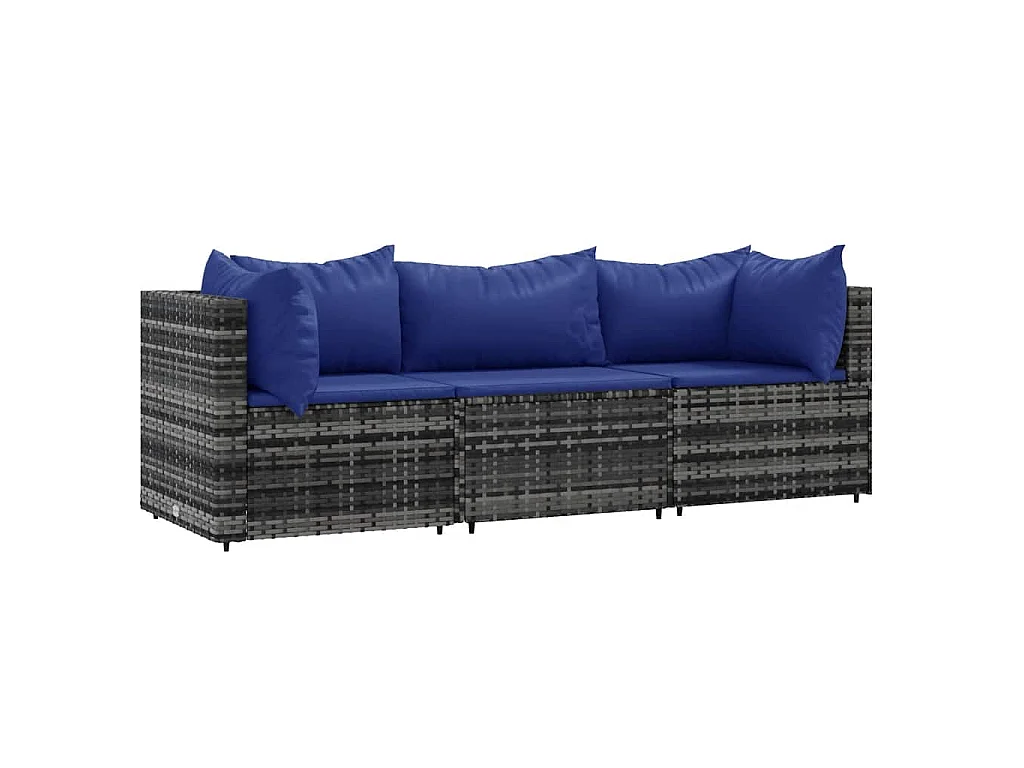 Salon de jardin 3 pcs avec coussins Gris Résine tressée