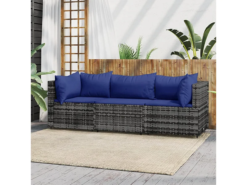 Salon de jardin 3 pcs avec coussins Gris Résine tressée