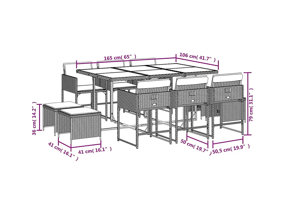 Ensemble à manger de jardin 11 pcs coussins noir résine tressée