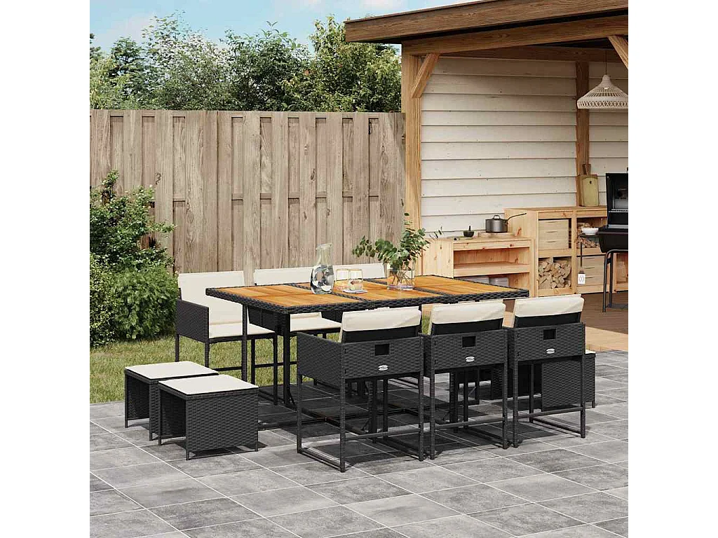 Set de comedor jardín 11 pzas con cojines ratán sintético negro