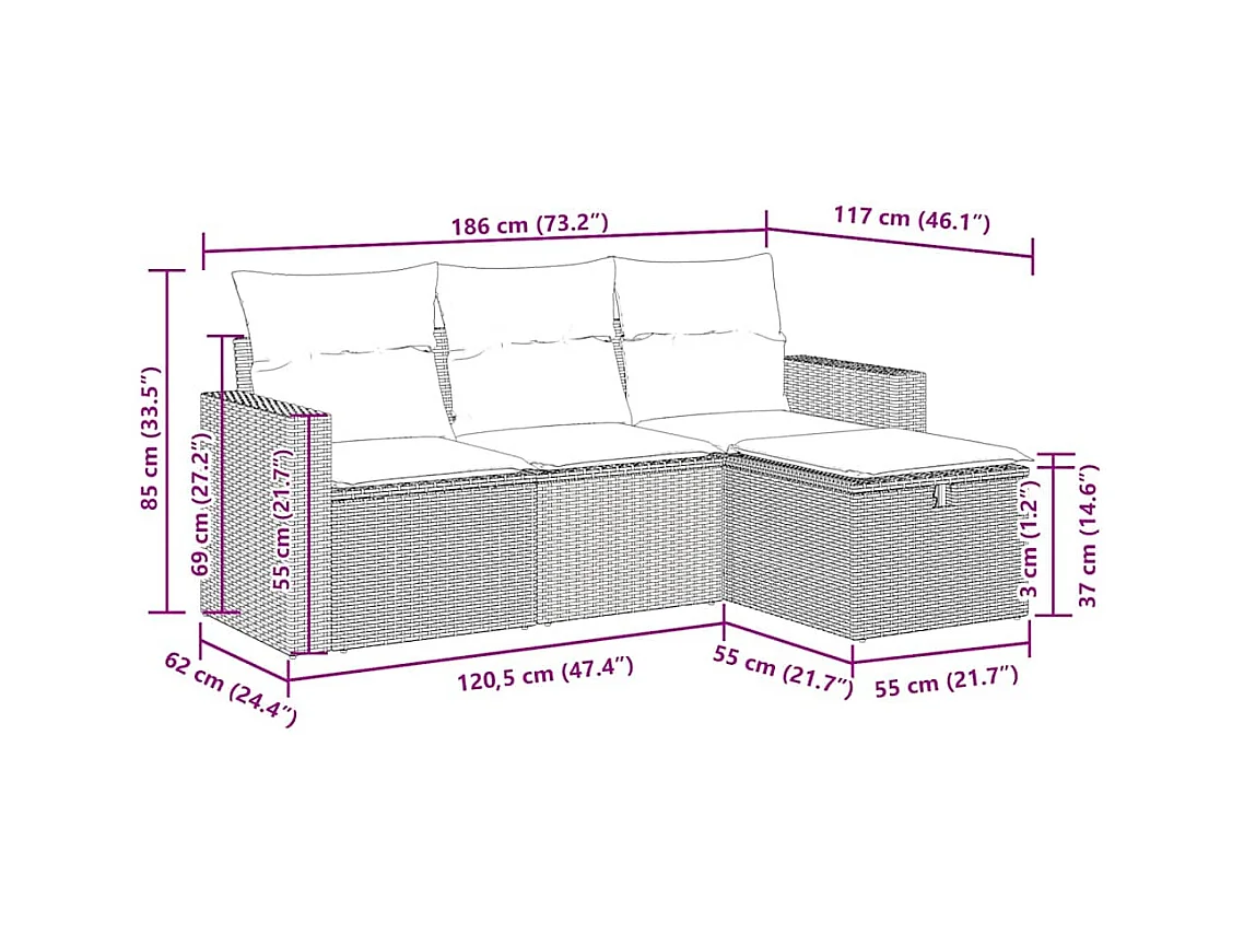 Salon de jardin 4 pcs avec coussins marron résine tressée