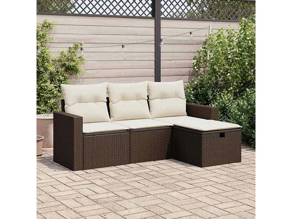 Salon de jardin 4 pcs avec coussins marron résine tressée