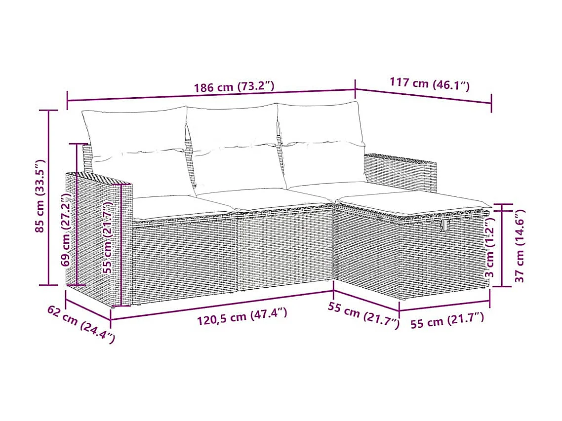 Salon de jardin 4 pcs avec coussins marron résine tressée