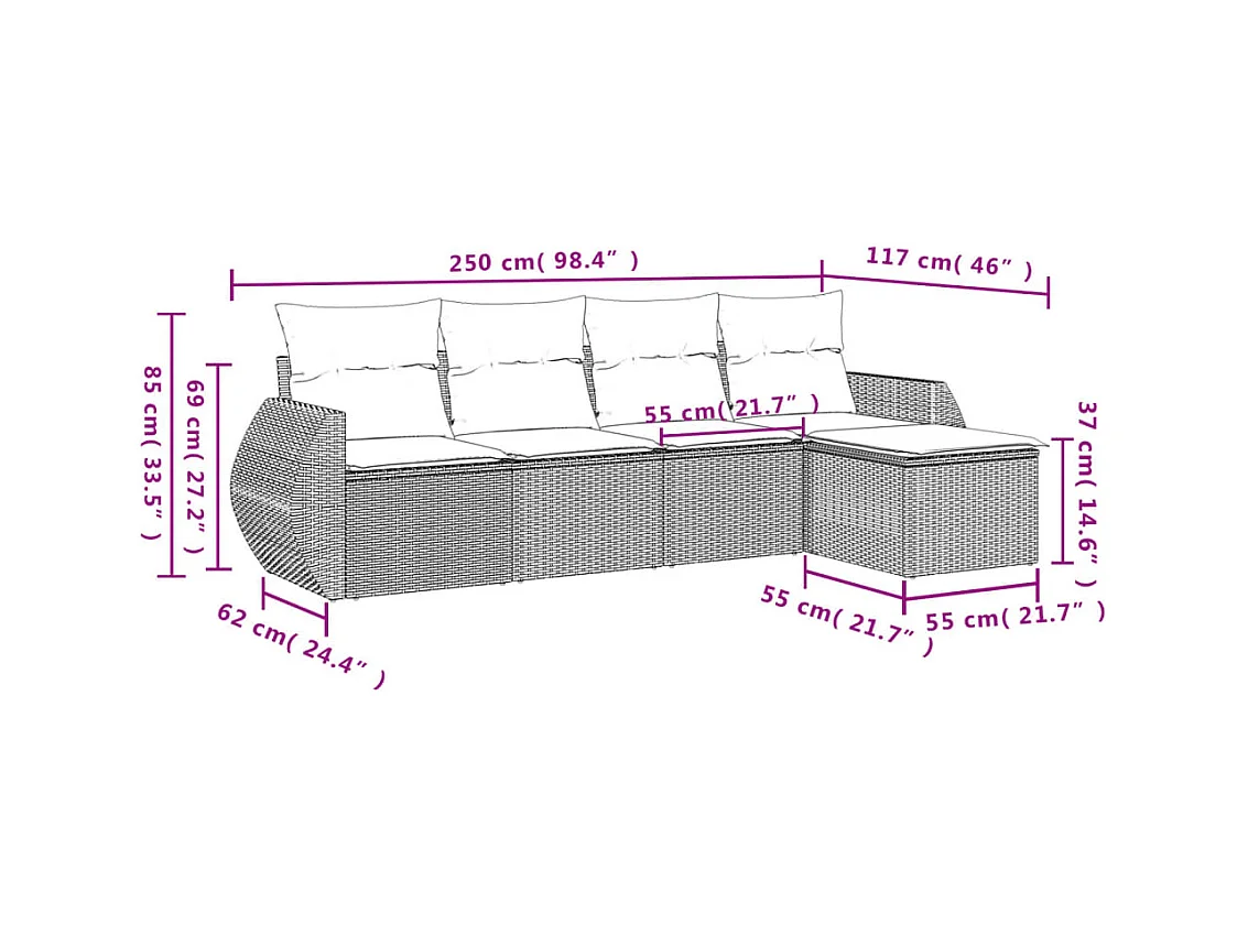 Salon de jardin avec coussins 5 pcs marron résine tressée