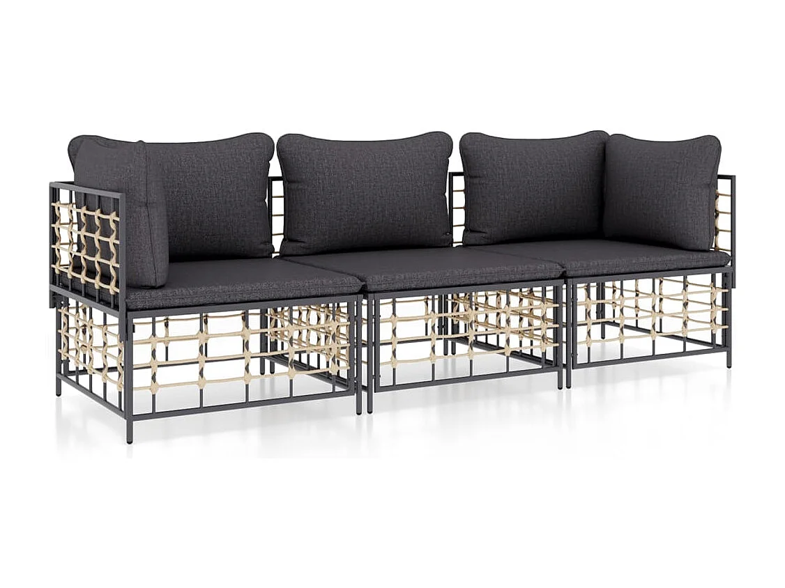 3-delige Loungeset met kussens poly rattan antracietkleurig