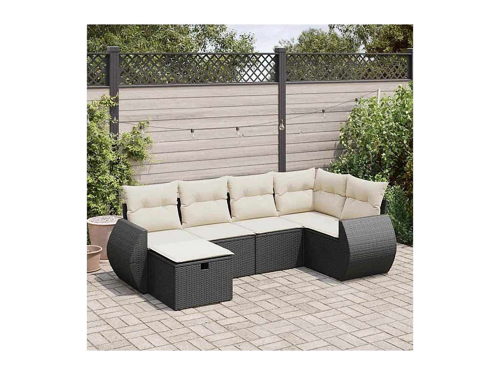 6 pcs conjunto sofás de jardim c/ almofadões vime PE preto