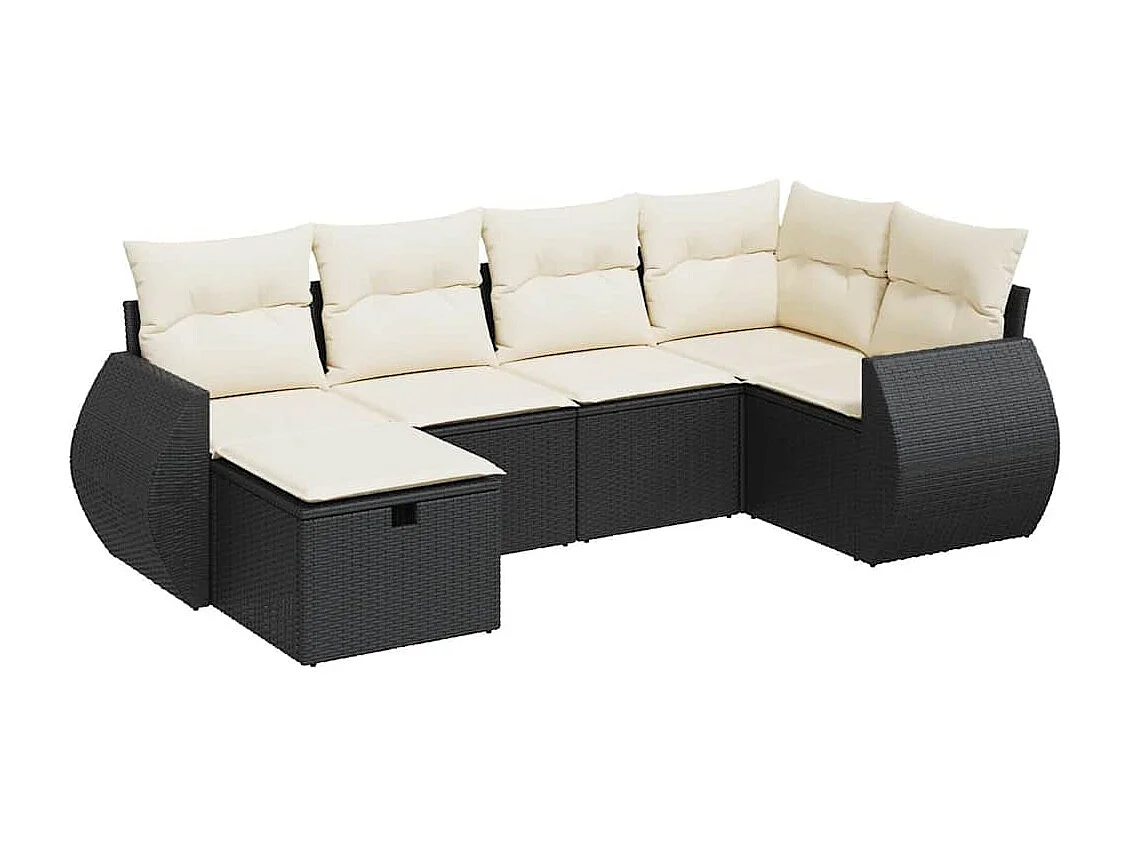 6-delige Loungeset met kussens poly rattan zwart
