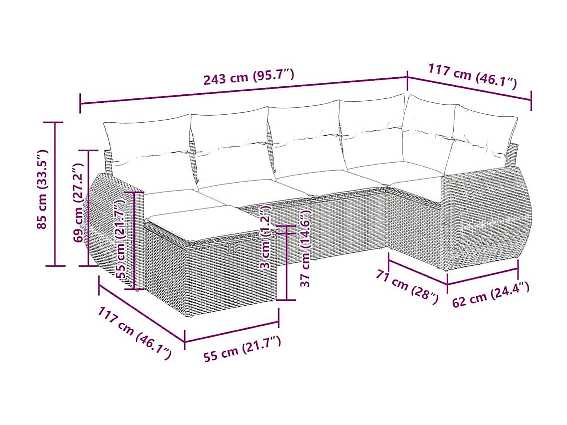 6-delige Loungeset met kussens poly rattan zwart