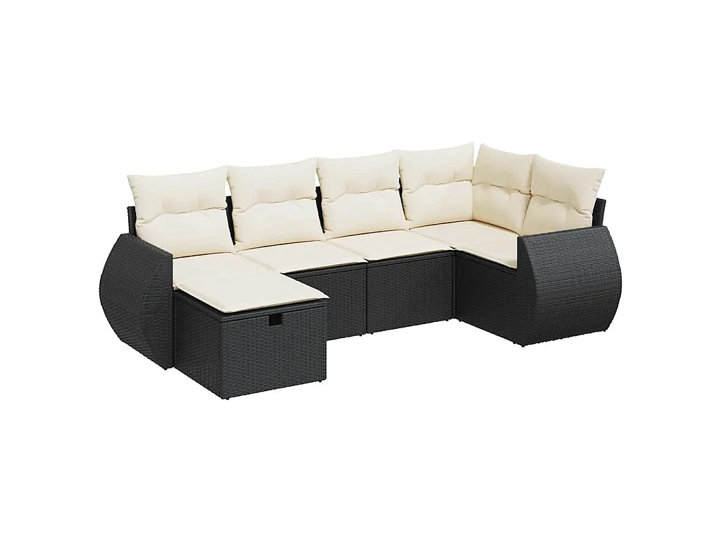 6-delige Loungeset met kussens poly rattan zwart