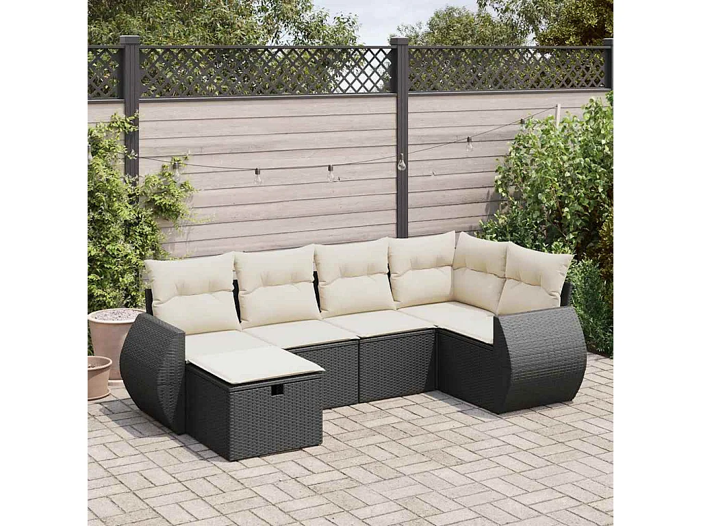 6-delige Loungeset met kussens poly rattan zwart