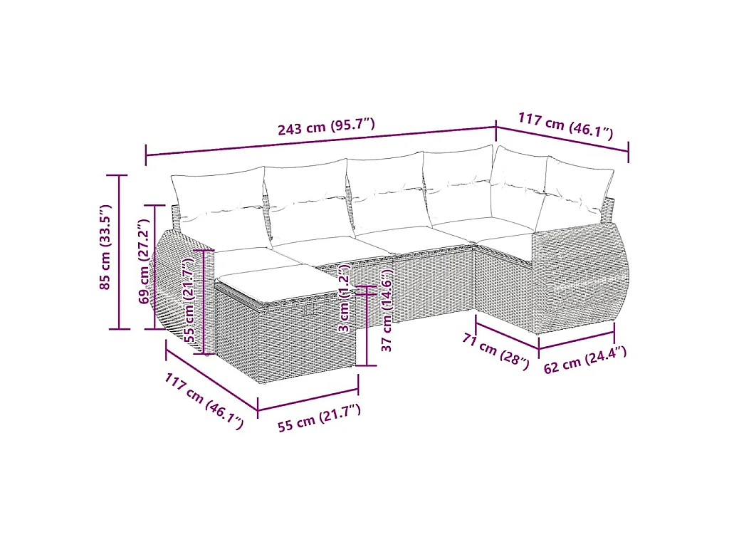 6-delige Loungeset met kussens poly rattan zwart