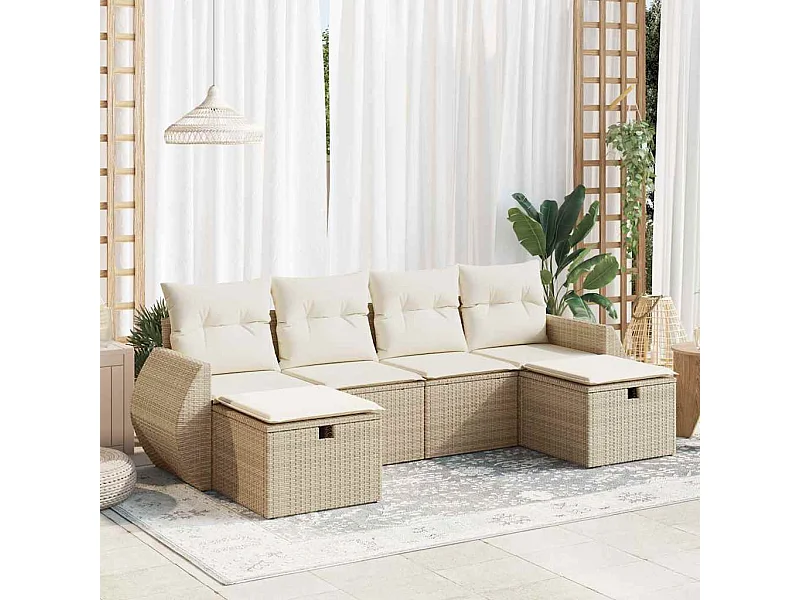 6-tlg. Garten-Sofagarnitur mit Kissen Beige Poly Rattan