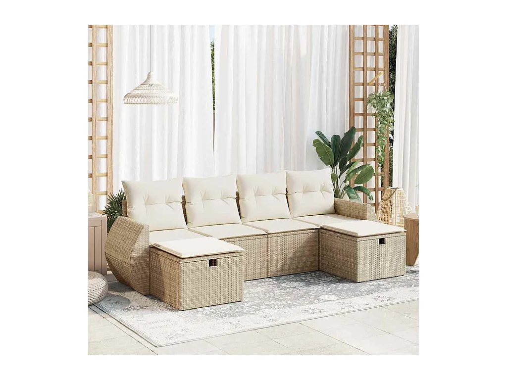 6-tlg. Garten-Sofagarnitur mit Kissen Beige Poly Rattan