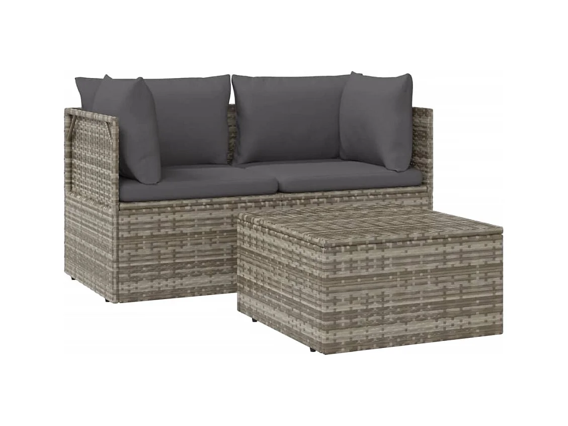Set Divani da Giardino 3 pz con Cuscini in Polyrattan Grigio