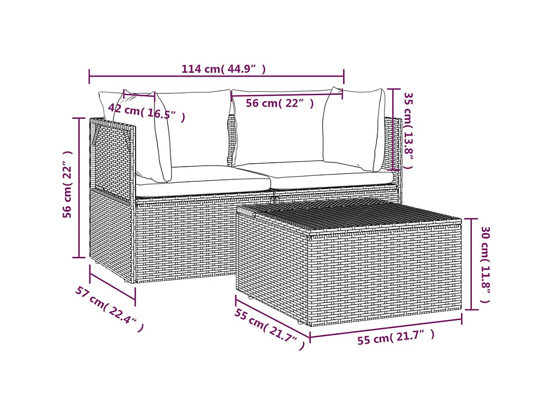 Set Divani da Giardino 3 pz con Cuscini in Polyrattan Grigio