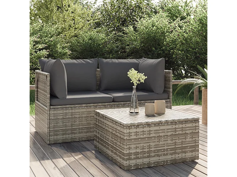 Set Divani da Giardino 3 pz con Cuscini in Polyrattan Grigio