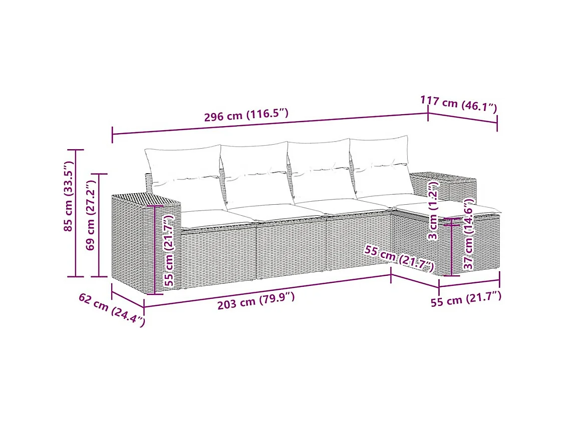 Salon de jardin avec coussins 5 pcs marron résine tressée