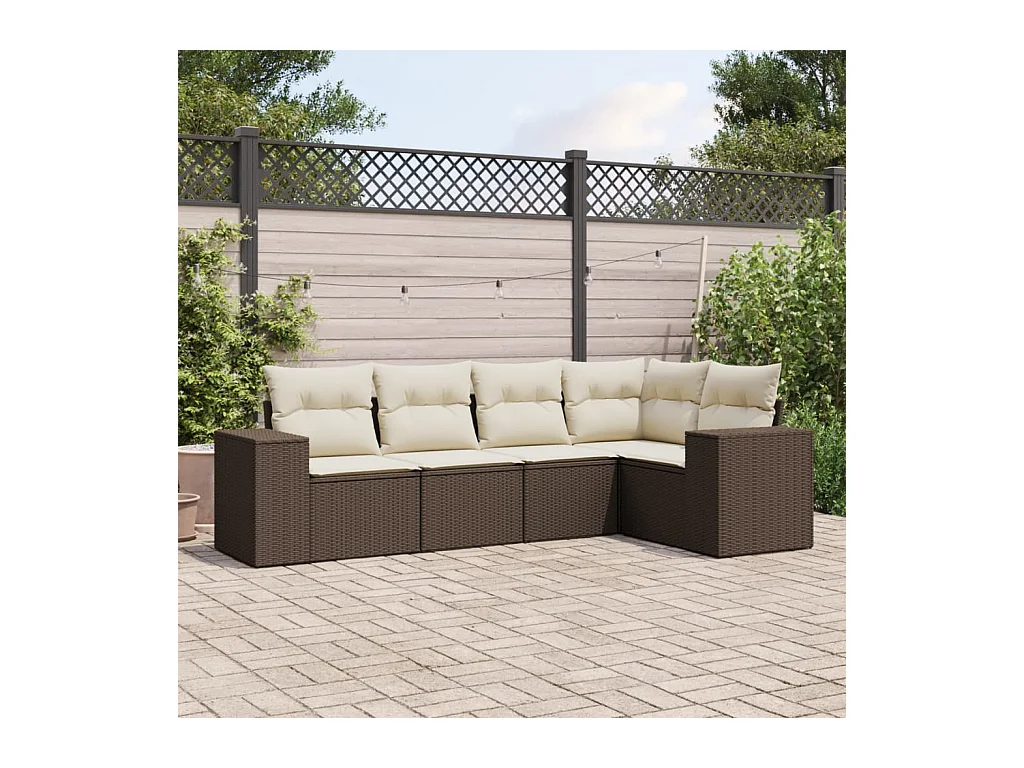 Set Divano da Giardino 5 pz con Cuscini Marrone in Polyrattan