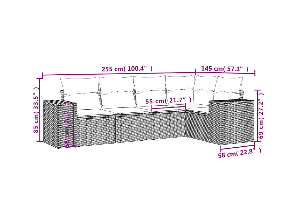 Set Divano da Giardino 5 pz con Cuscini Marrone in Polyrattan