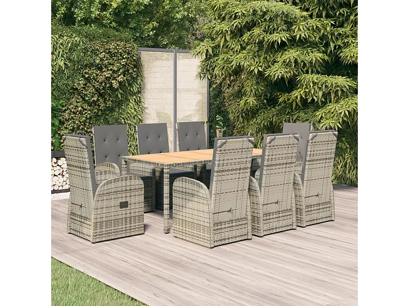 Set da Pranzo da Giardino 9 pz con Cuscini in Polyrattan Grigio