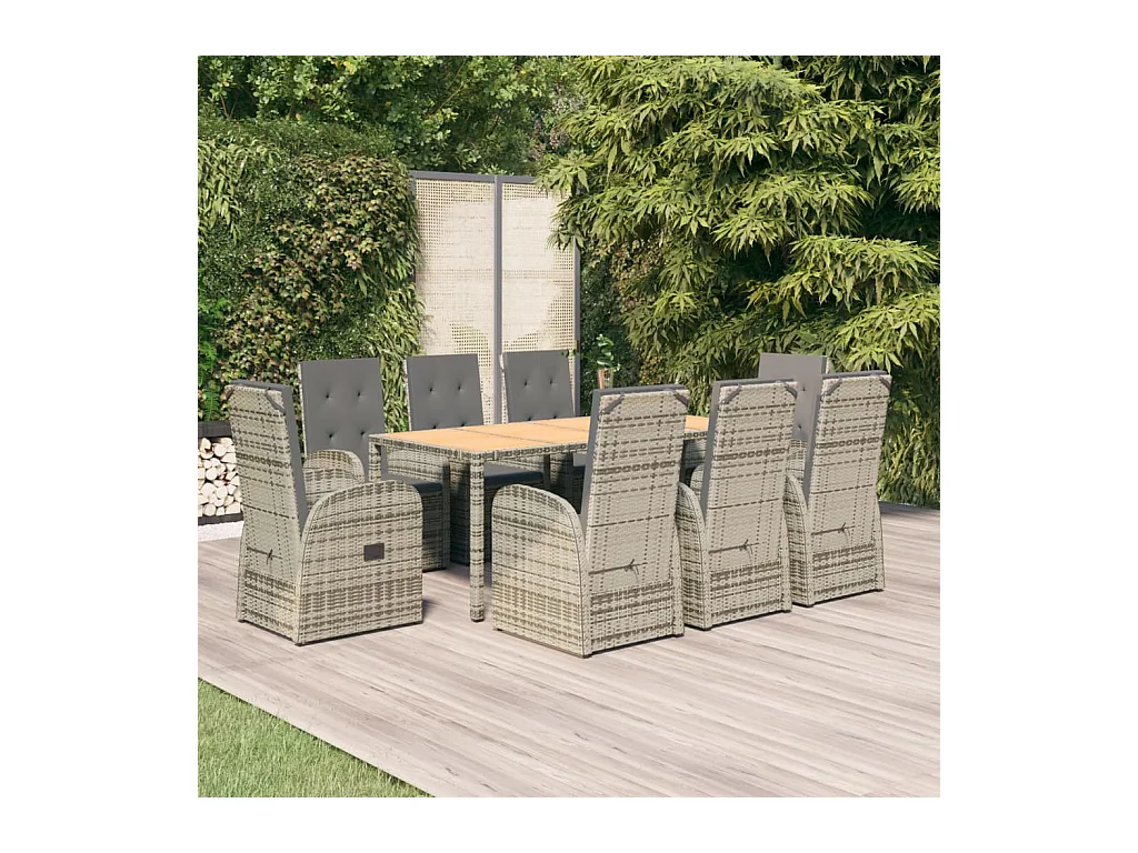 Set da Pranzo da Giardino 9 pz con Cuscini in Polyrattan Grigio