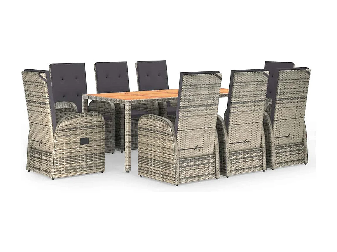 Set da Pranzo da Giardino 9 pz con Cuscini in Polyrattan Grigio