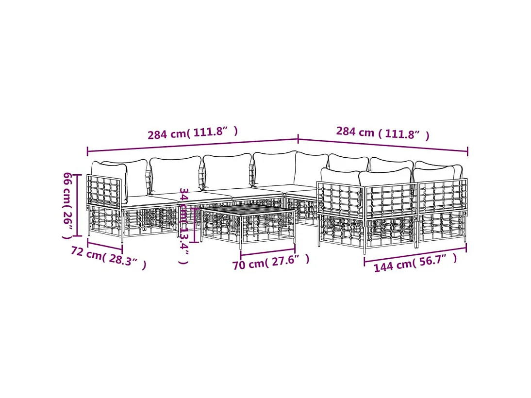 9-delige Loungeset met kussens poly rattan antracietkleurig