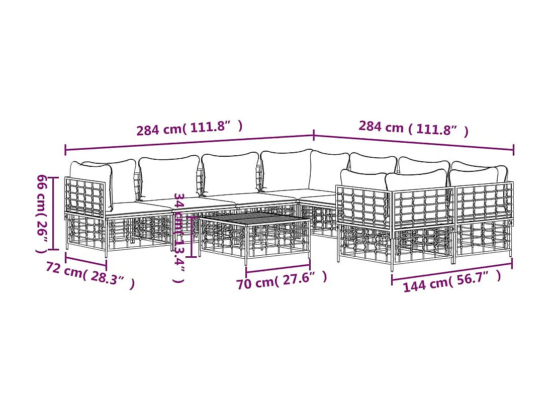 9-delige Loungeset met kussens poly rattan antracietkleurig