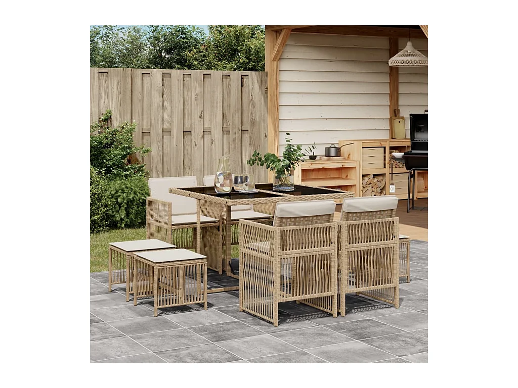 Ensemble à manger de jardin et coussins 9 pcs beige Poly rotin