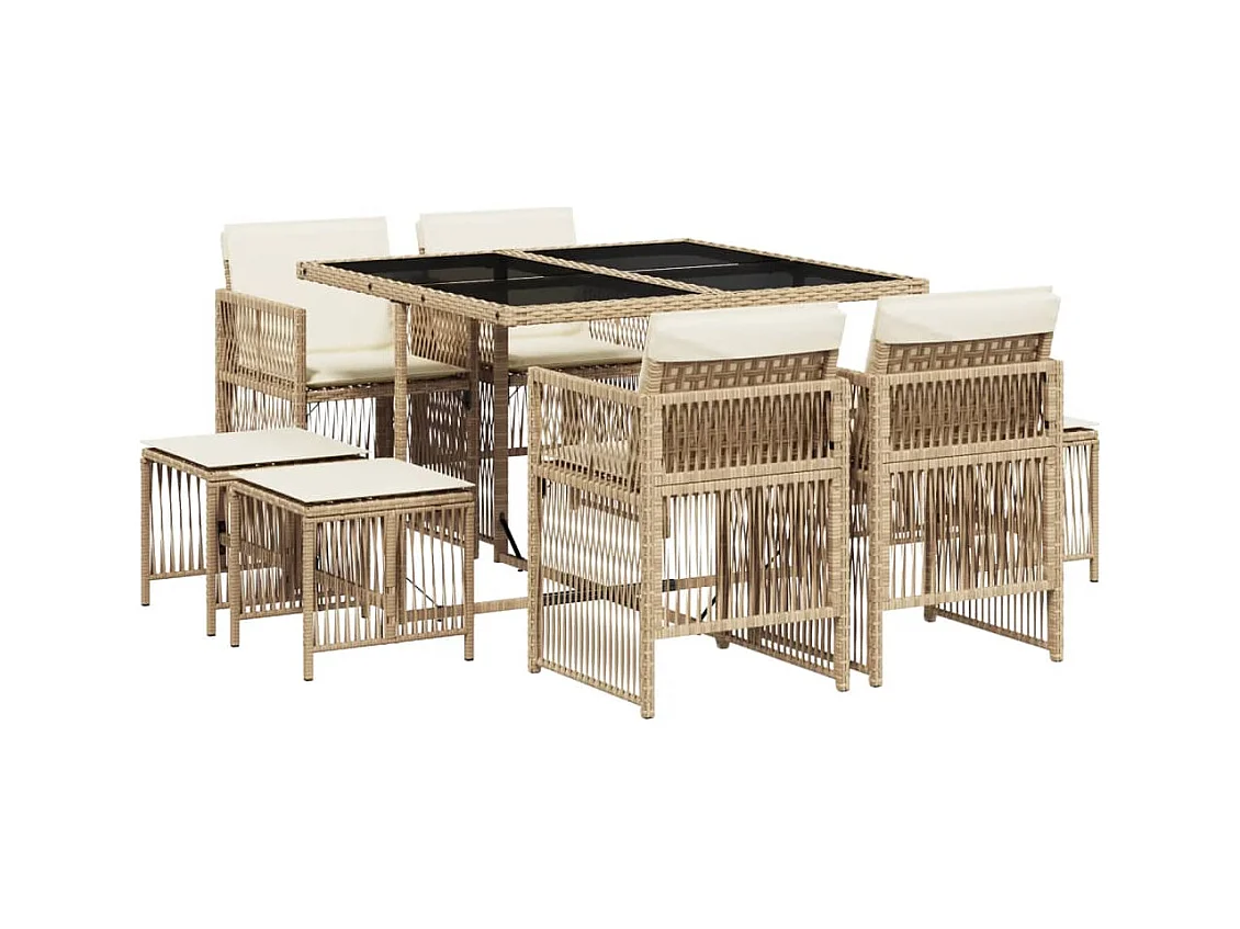 Ensemble à manger de jardin et coussins 9 pcs beige Poly rotin