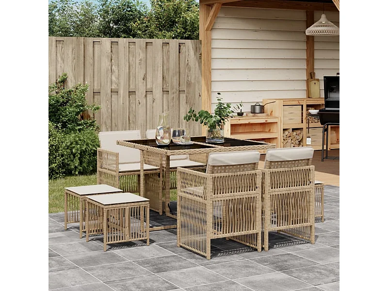 9-tlg. Garten-Essgruppe mit Kissen Beige Poly Rattan