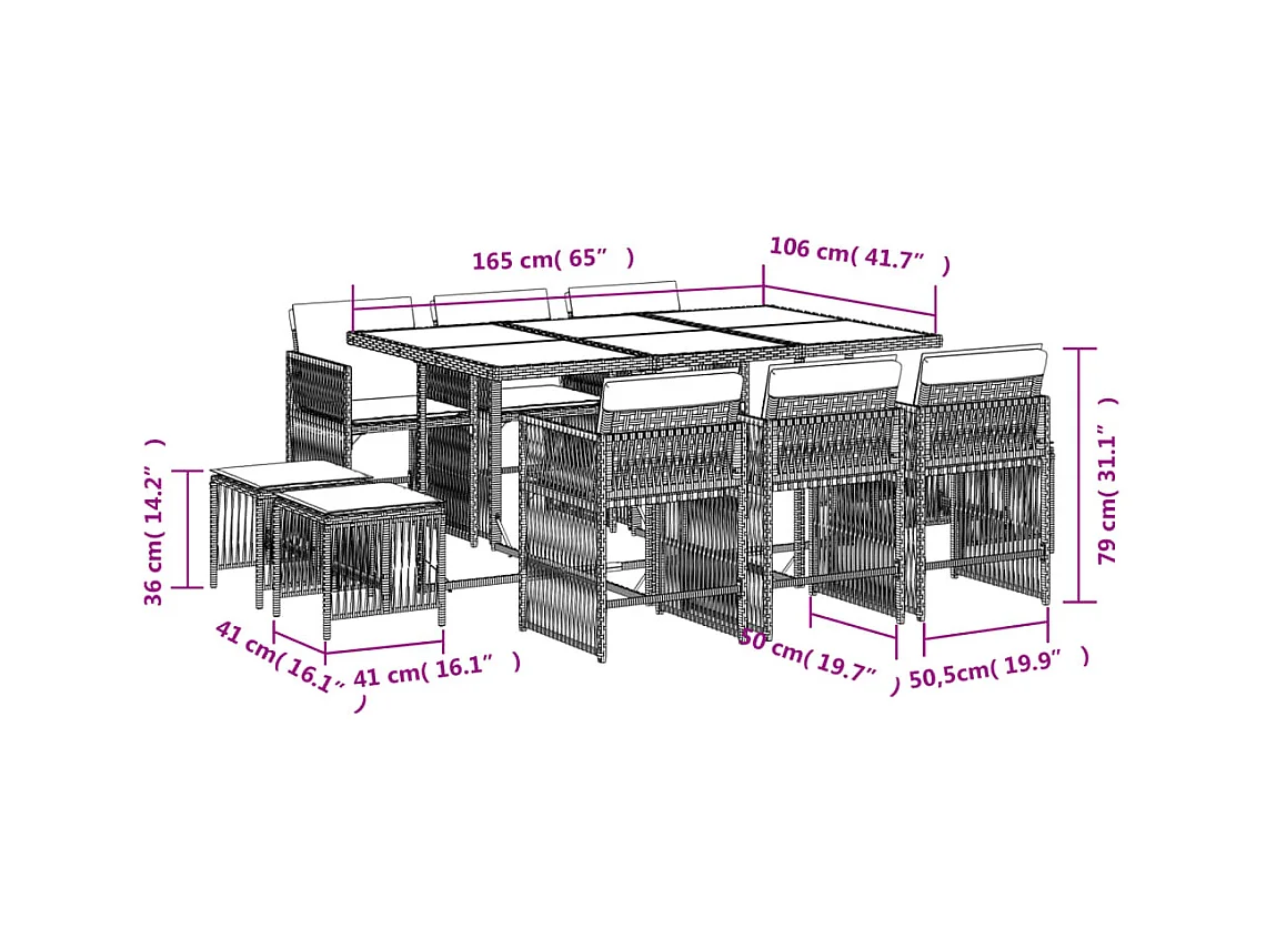 Ensemble à manger de jardin et coussins 11 pcs beige poly rotin