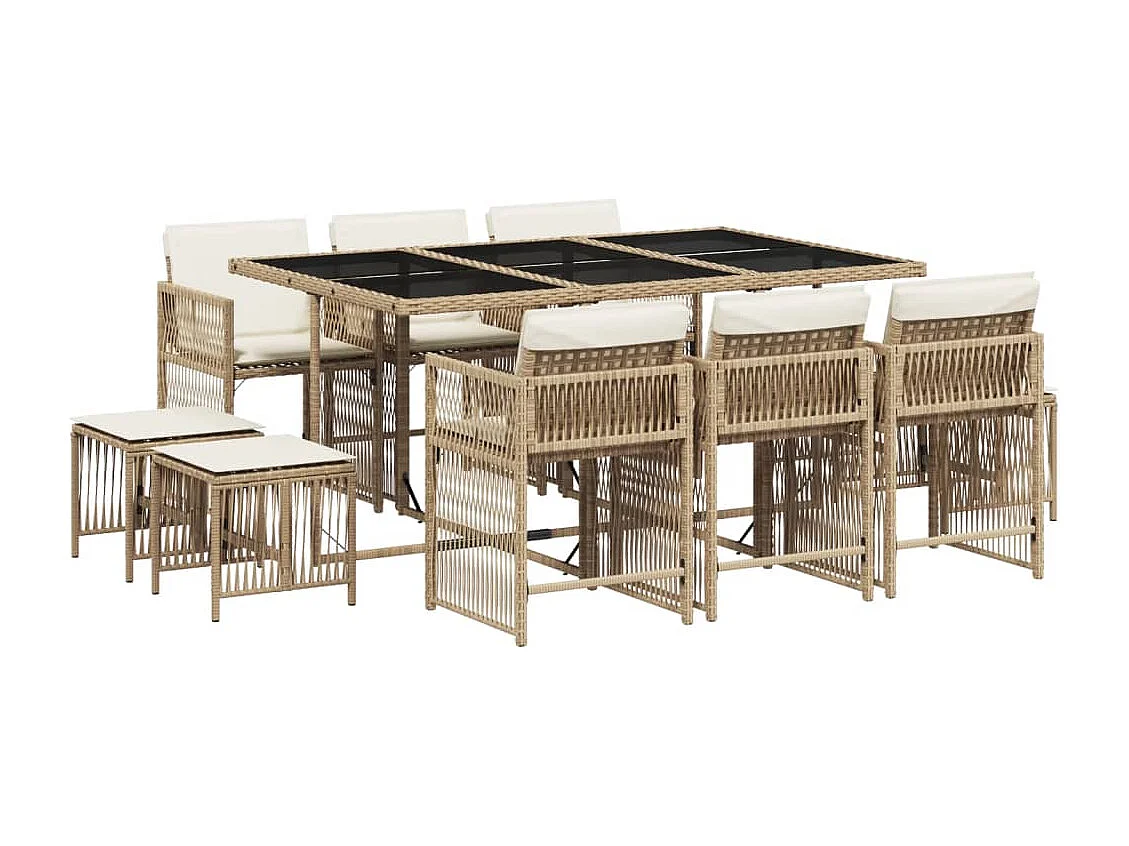 Ensemble à manger de jardin et coussins 11 pcs beige poly rotin