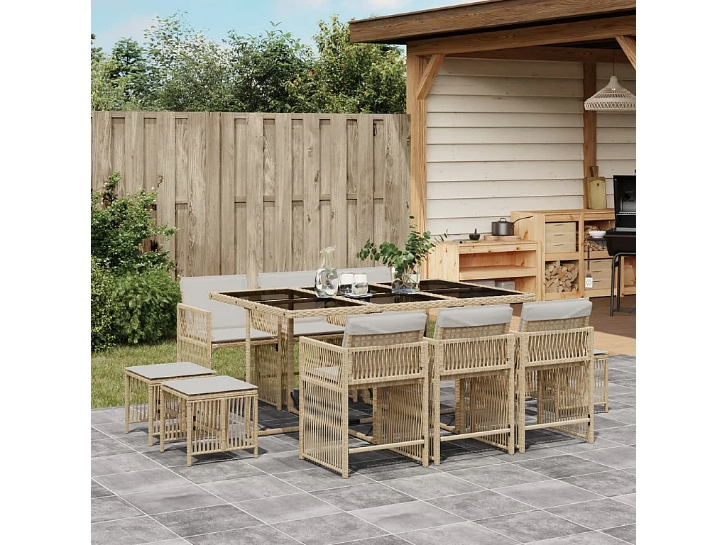 Set da Pranzo da Giardino 11 pz con Cuscini Beige in Polyrattan