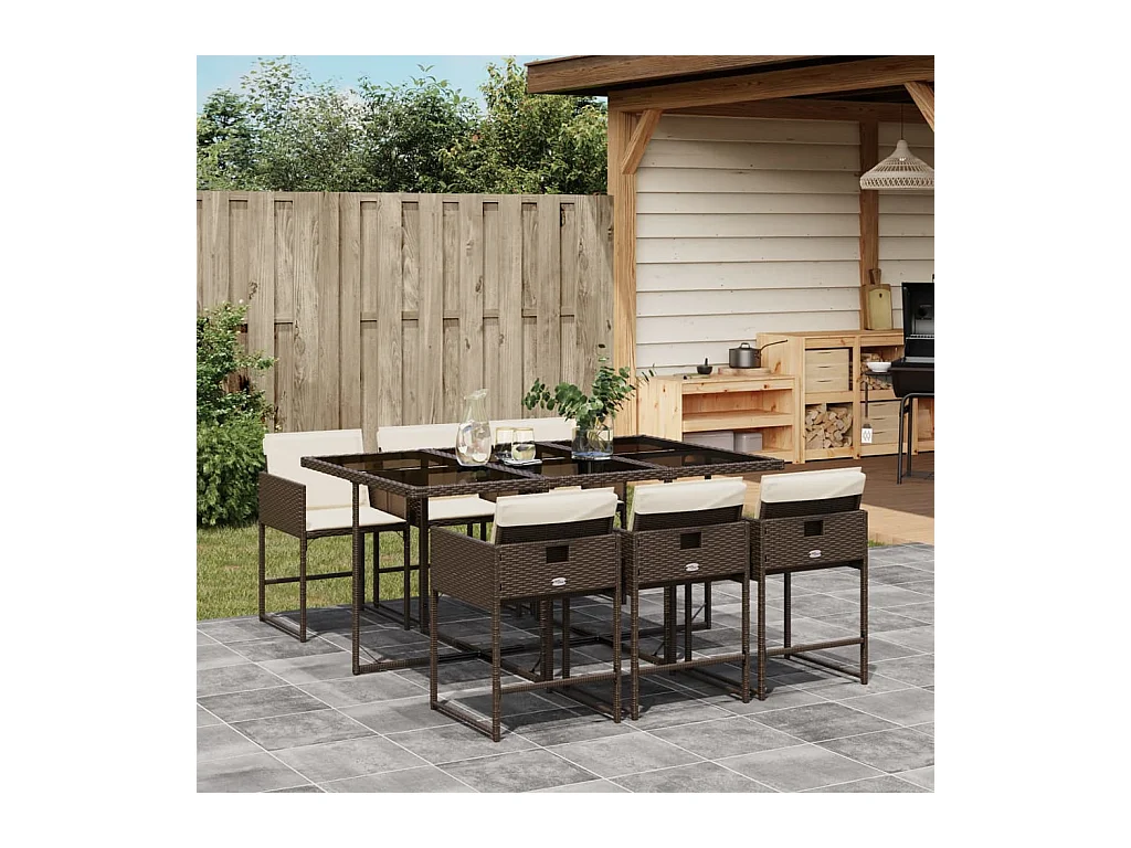7-tlg. Garten-Essgruppe mit Kissen Braun Poly Rattan