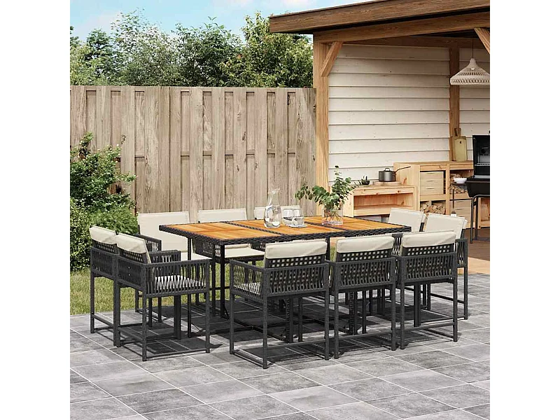 11-tlg. Garten-Essgruppe mit Kissen Schwarz Poly Rattan
