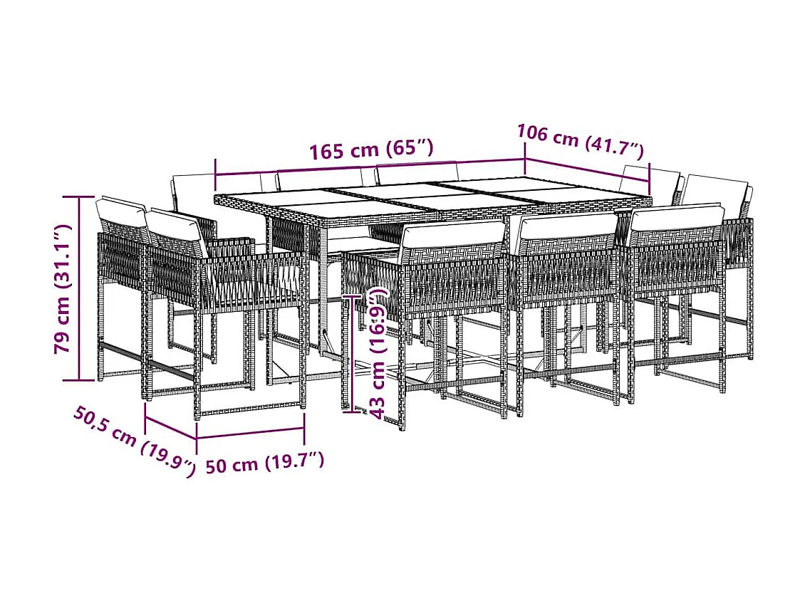 Ensemble à manger de jardin 11 pcs coussins noir résine tressée