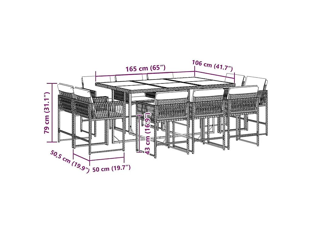 Set da Pranzo da Giardino 11 pz con Cuscini in Polyrattan Nero