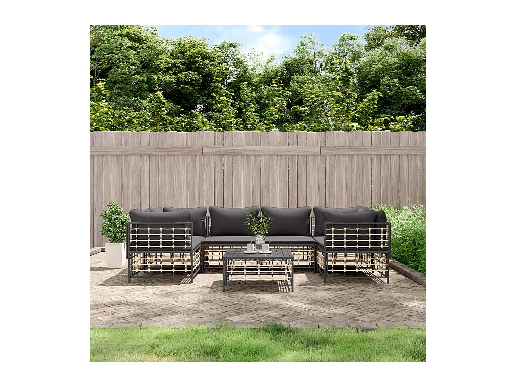 Salon de jardin 7 pcs avec coussins anthracite résine tressée