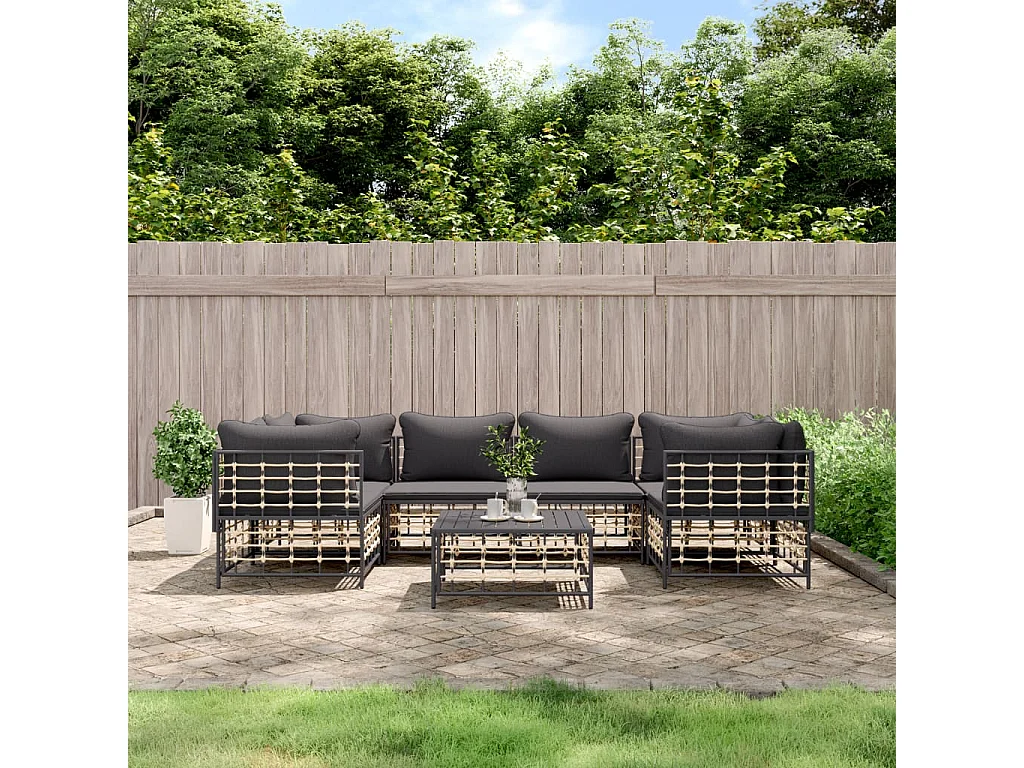 Salon de jardin 7 pcs avec coussins anthracite résine tressée