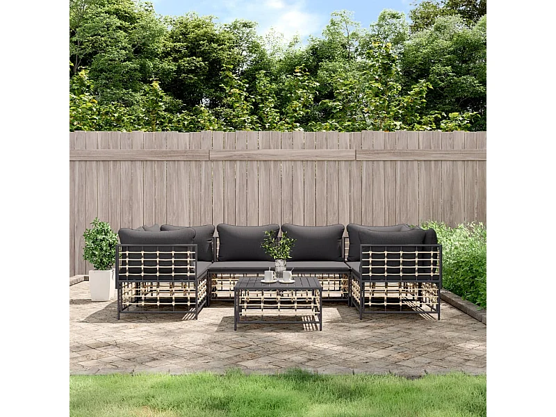 Salon de jardin 7 pcs avec coussins anthracite résine tressée