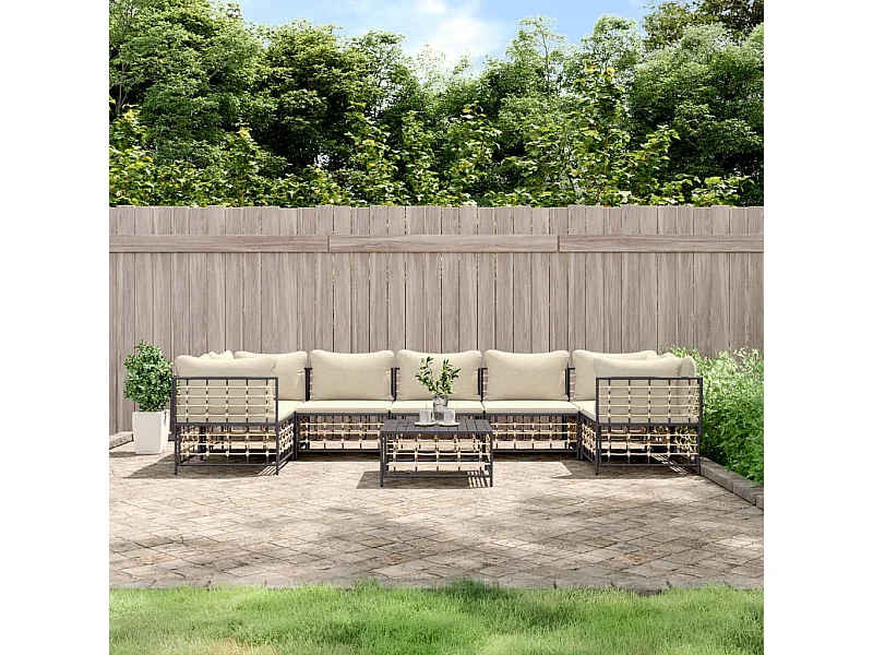 Salon de jardin 8 pcs avec coussins anthracite résine tressée