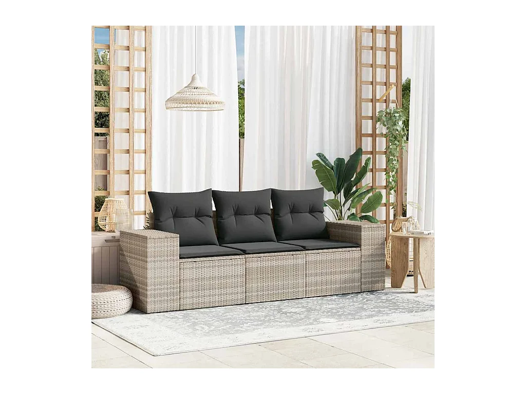 Salon de jardin avec coussins 3 pcs gris clair résine tressée