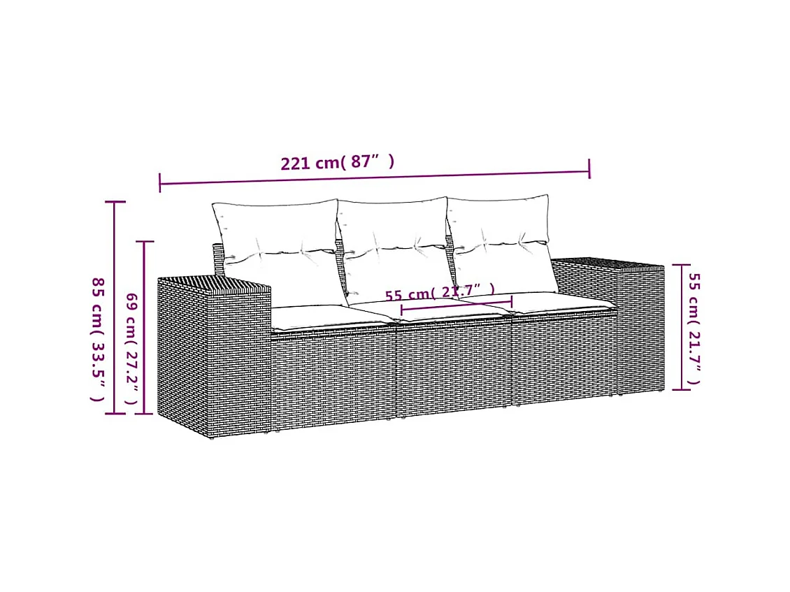 Salon de jardin avec coussins 3 pcs gris clair résine tressée