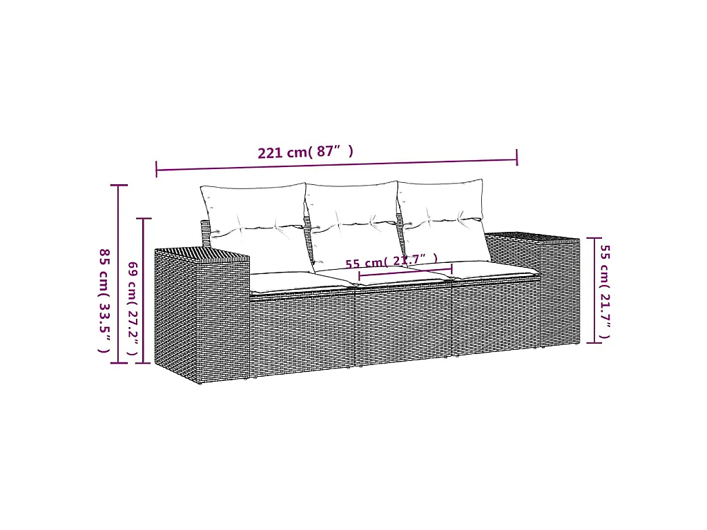 Salon de jardin avec coussins 3 pcs gris clair résine tressée