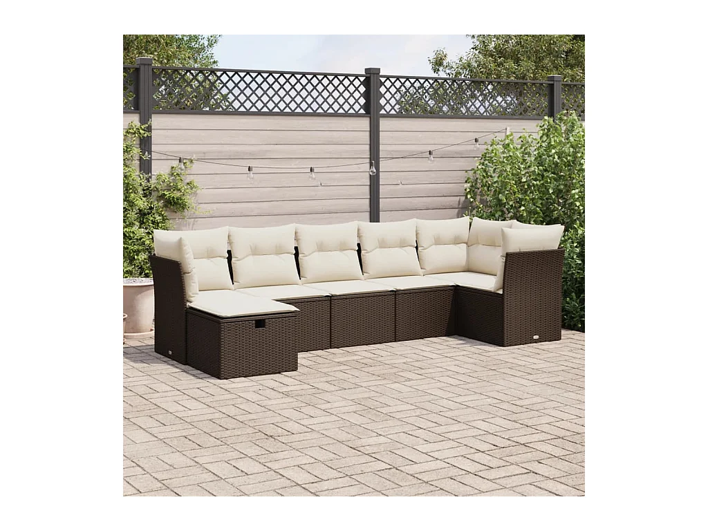 7-delige Loungeset met kussens poly rattan bruin