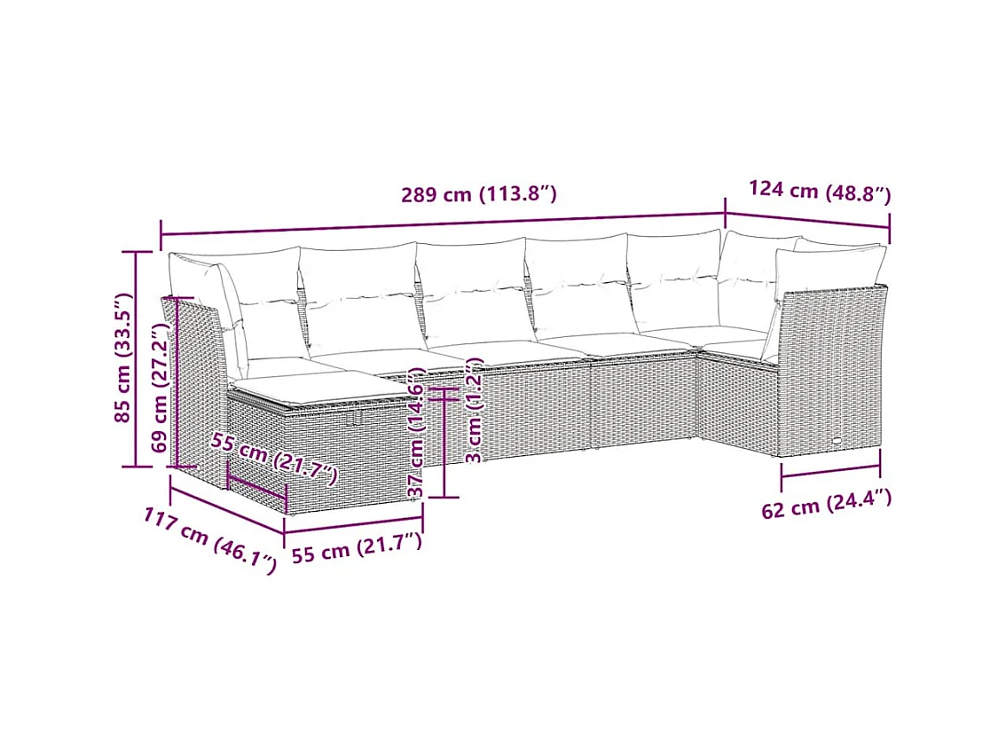 7-delige Loungeset met kussens poly rattan bruin
