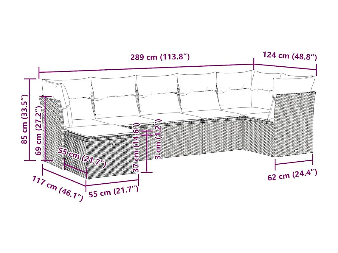 Salon de jardin avec coussins 7 pcs marron résine tressée