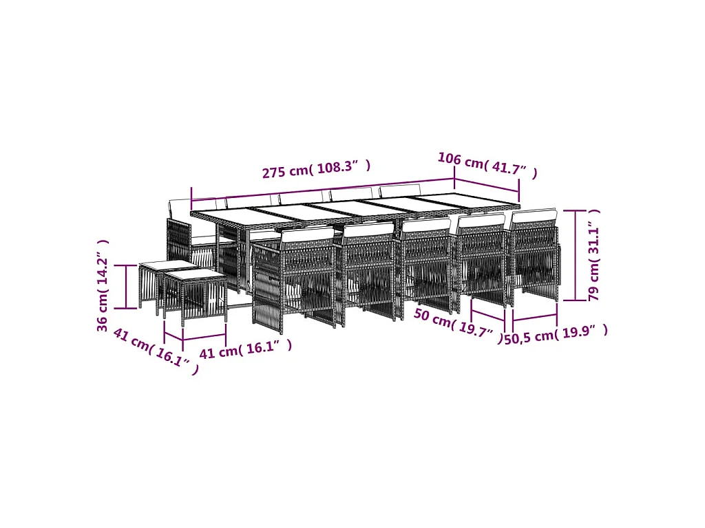 15-delige Tuinset met kussens poly rattan grijs