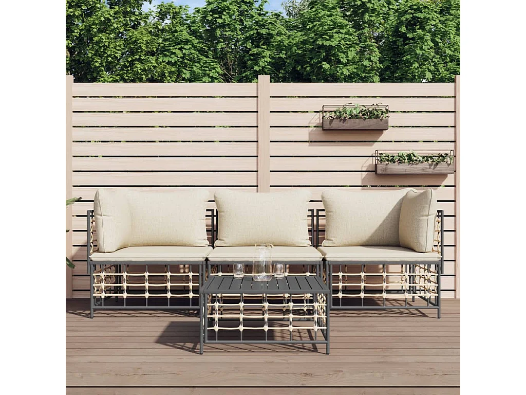 4-delige Loungeset met kussens poly rattan antracietkleurig